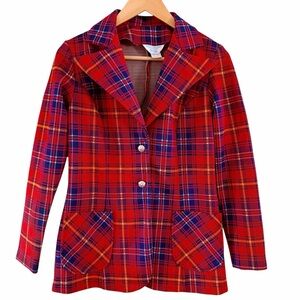 Vintage Academia 70s Retro Red Plaid Blazer Polyester VTG Women’s Size 12